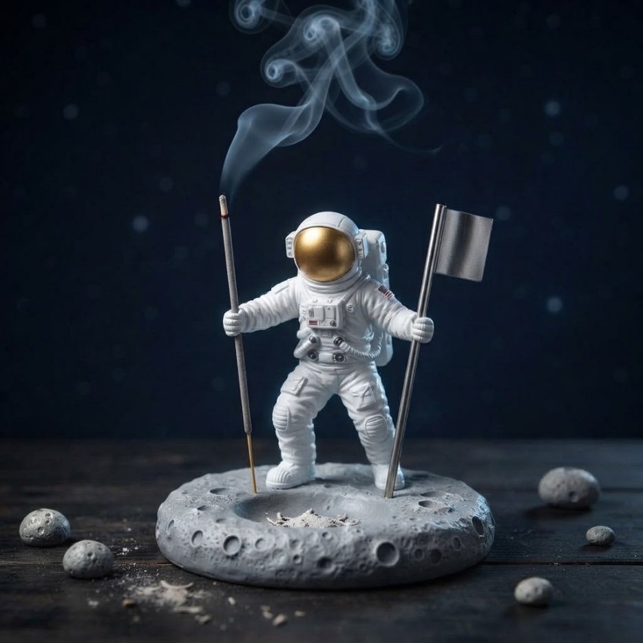 An astronaut on a moon-crater base holding an incense stick and a flag