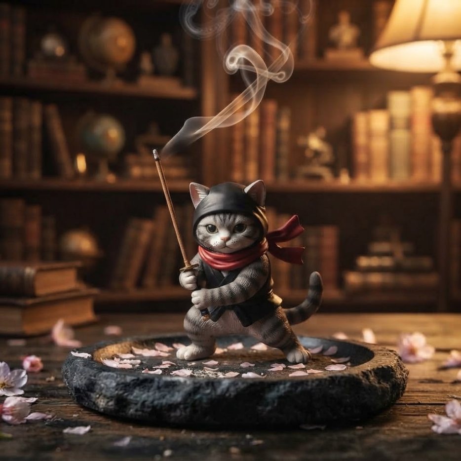 A tabby cat dressed as a ninja holding an incense stick sword on a stone dish