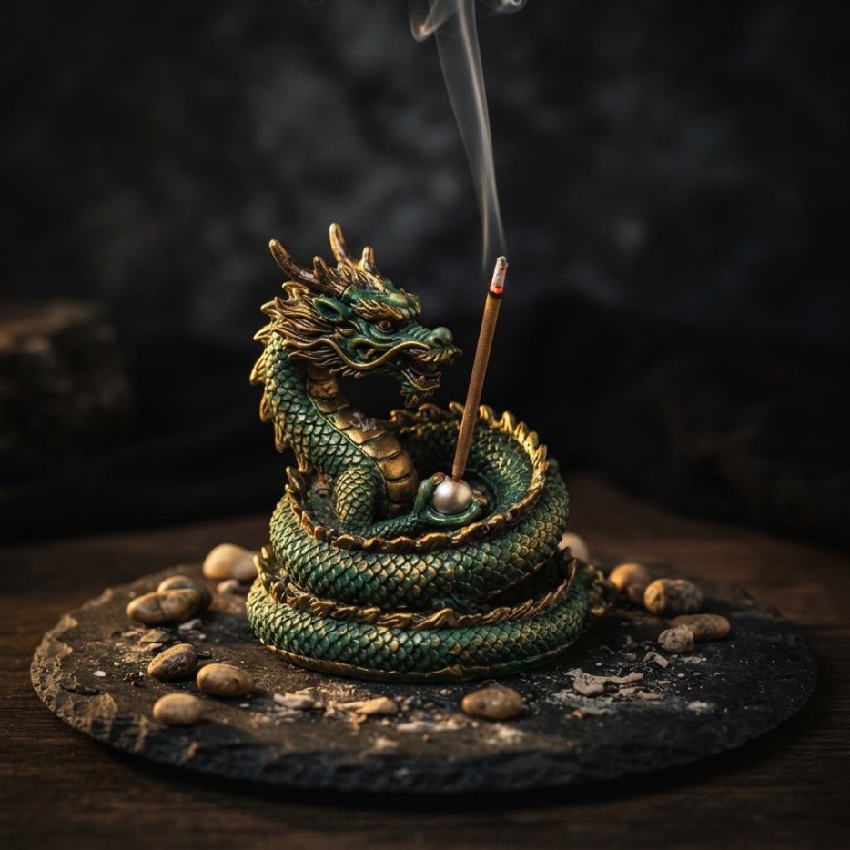 A coiled green and gold dragon holding a pearl with an incense stick through it