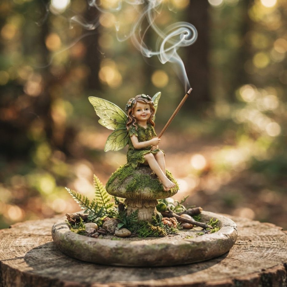 A woodland fairy on a mossy mushroom holding an incense stick as her wand