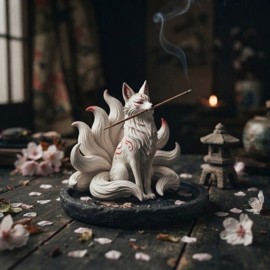 A white nine-tailed fox holding an incense stick in its mouth