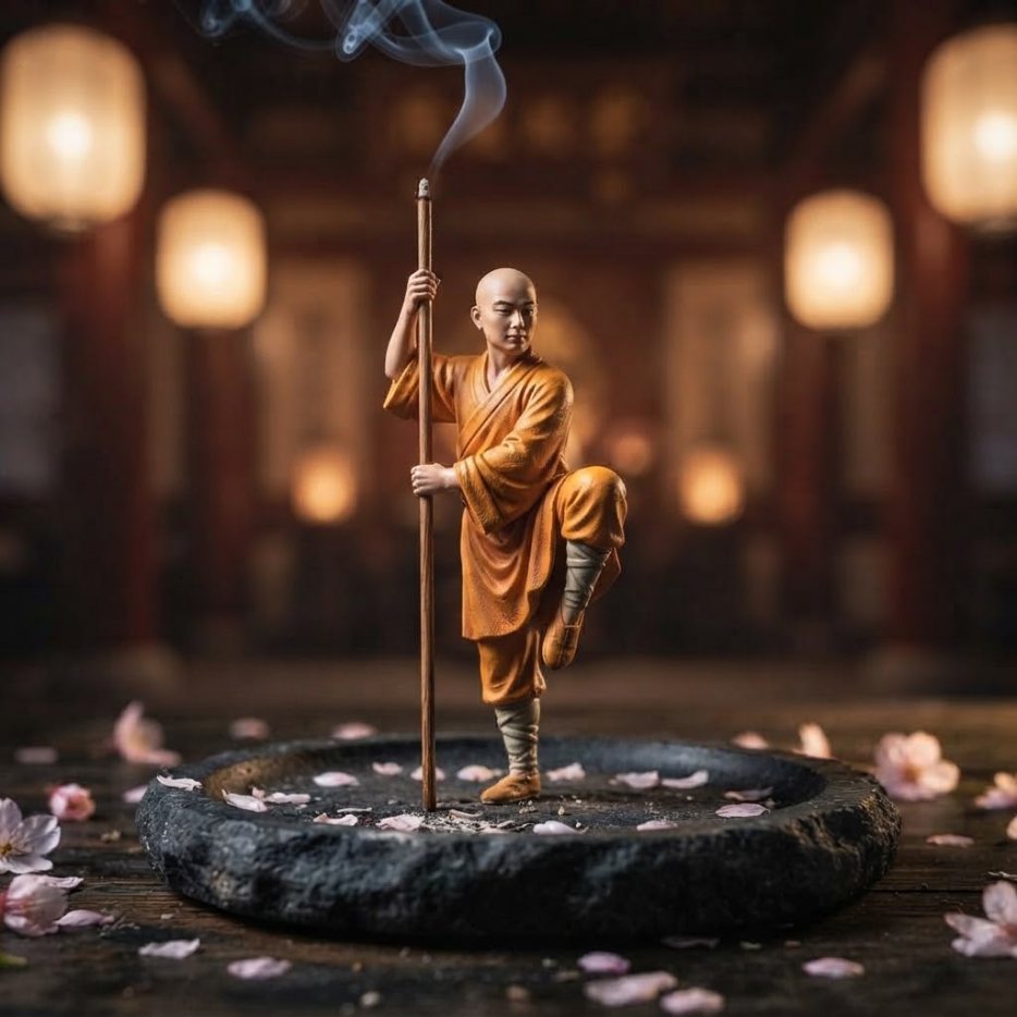 A Shaolin monk figurine balancing on one leg, holding an incense stick as his staff