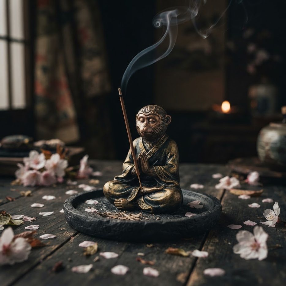 A bronze-finish meditating monkey holding a lit incense stick on a stone dish