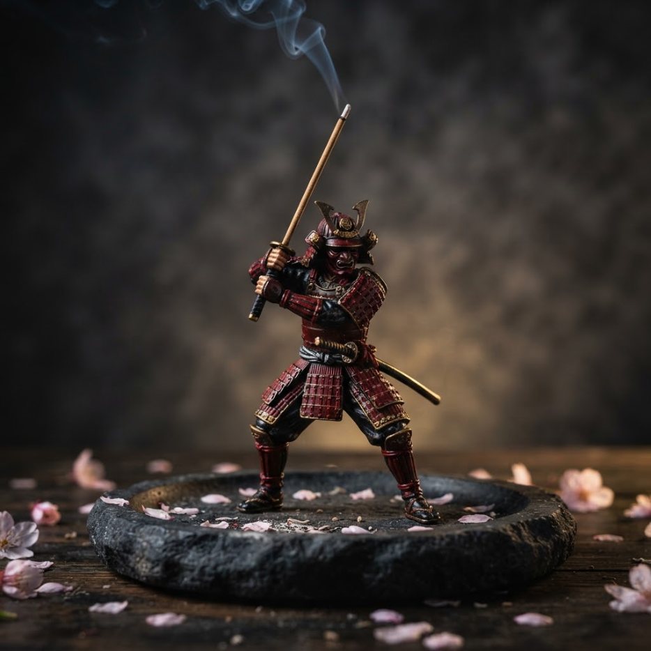 A samurai in red armour gripping a lit incense stick like a katana, on a stone ash dish