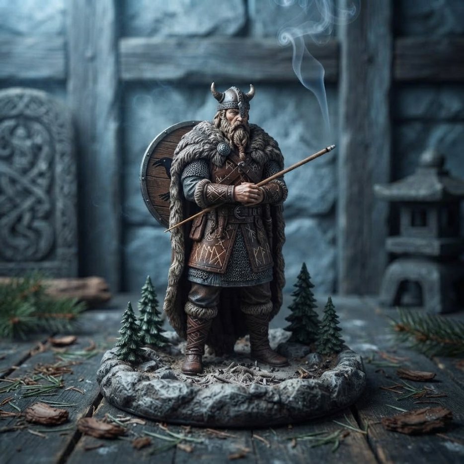 A Norse warrior in a fur cloak holding an incense stick as his spear