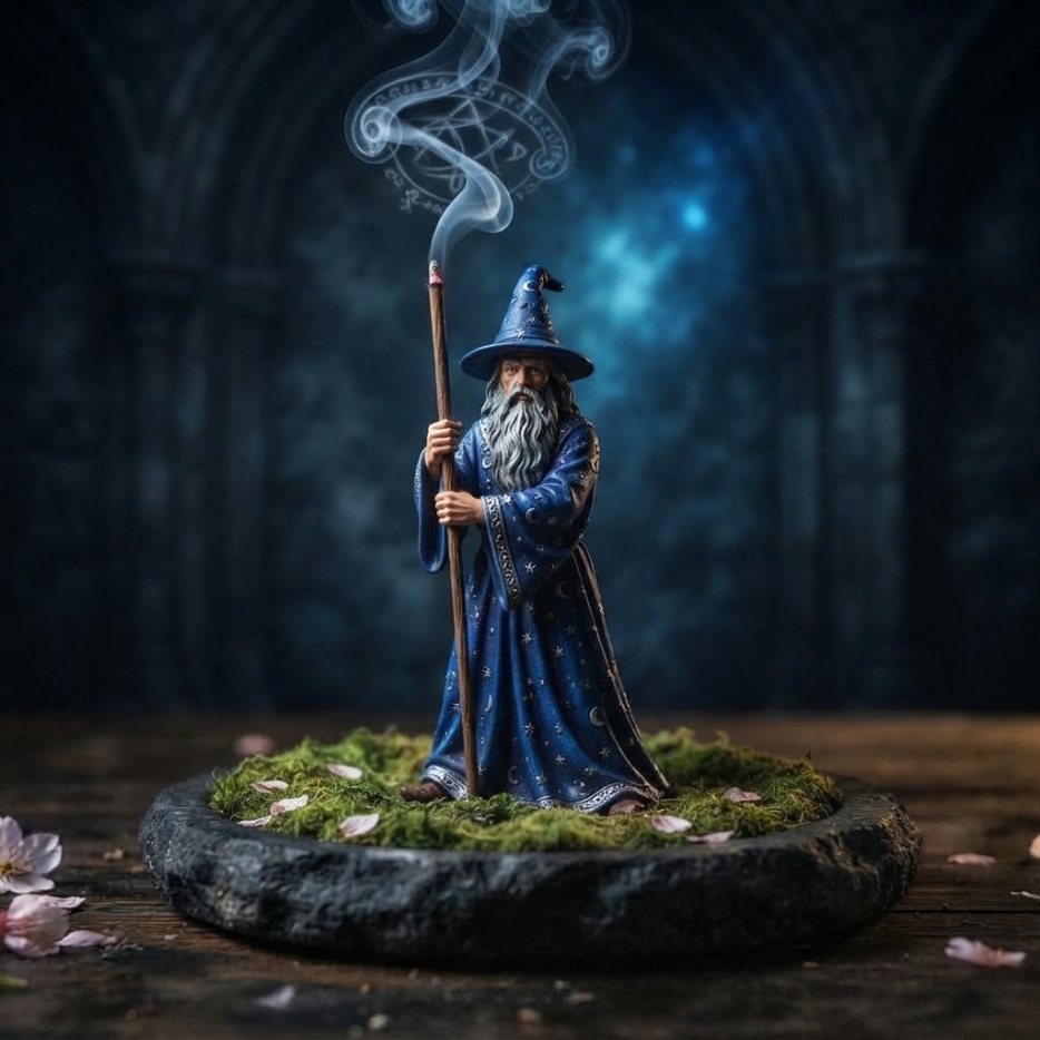 A wizard in a starry blue robe on a mossy base, holding an incense stick as his staff