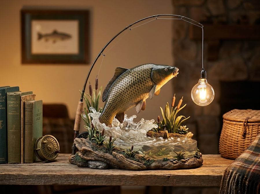 A carp leaping from a splash with a fishing rod holding a hanging bulb