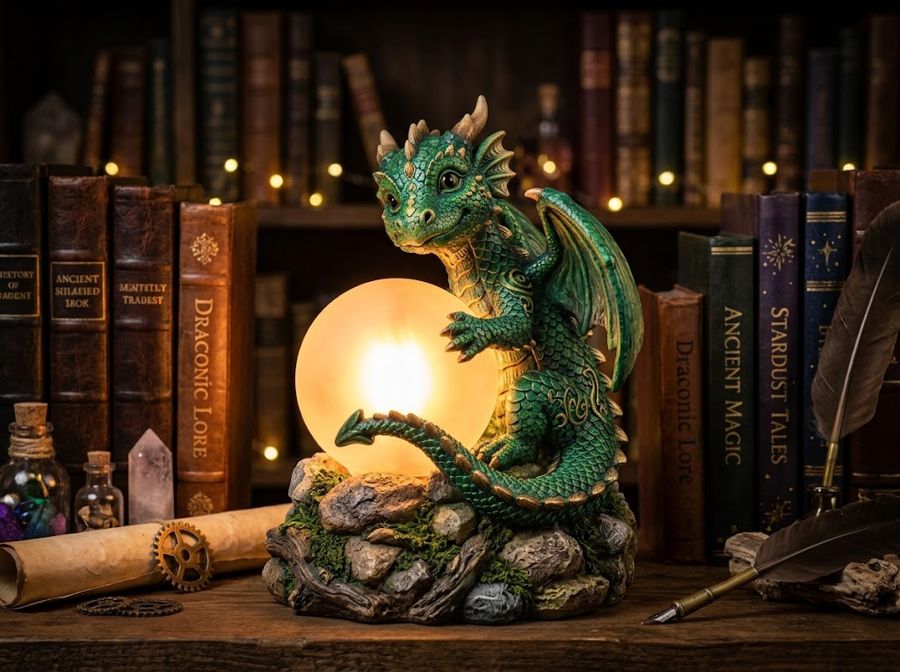A green baby dragon on rocks curled around a glowing orb