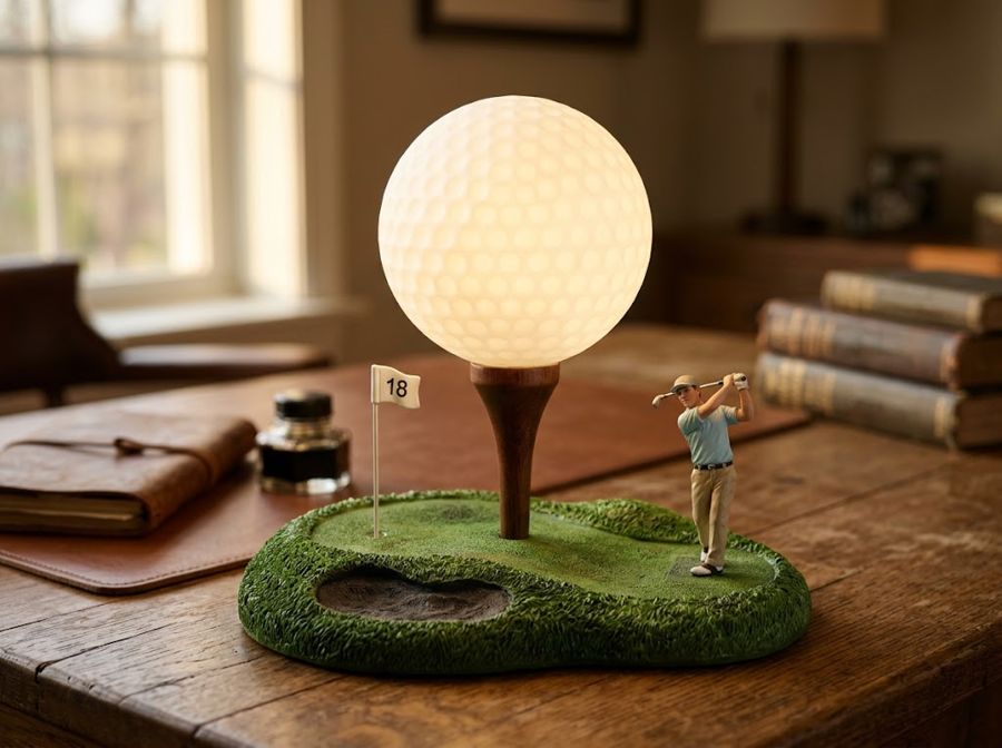 A glowing golf ball globe on a giant tee over a green with a flag and a tiny golfer