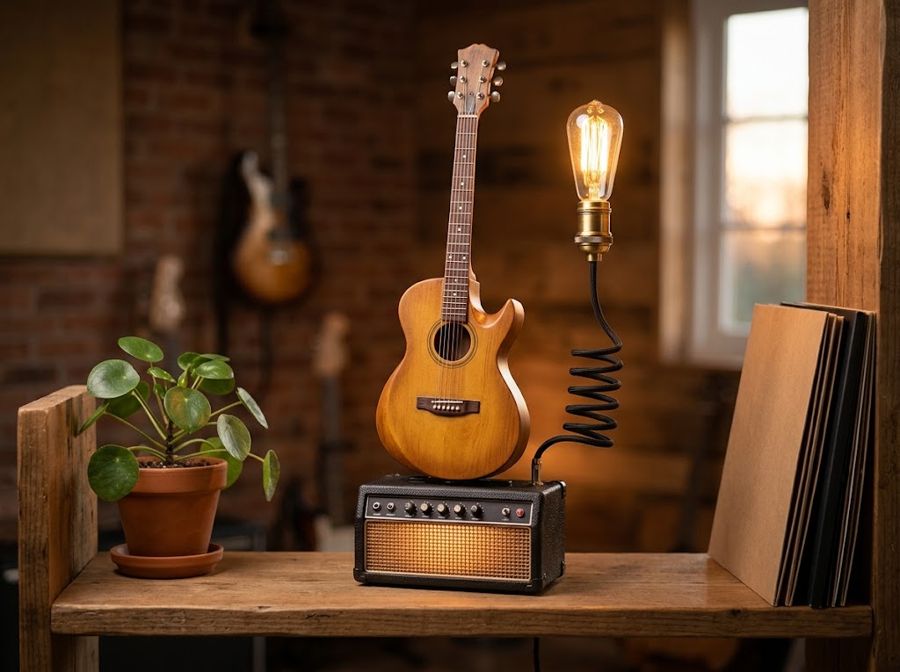 A small acoustic-style guitar on a vintage amp with a coiled cable to an Edison bulb