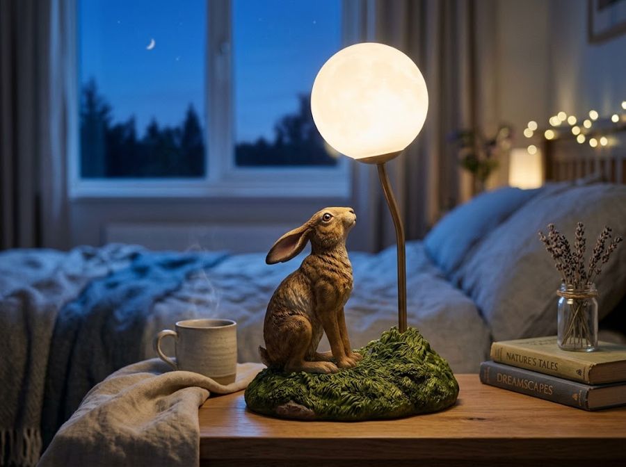 A hare sitting on a grassy hill gazing up at a glowing moon-like globe