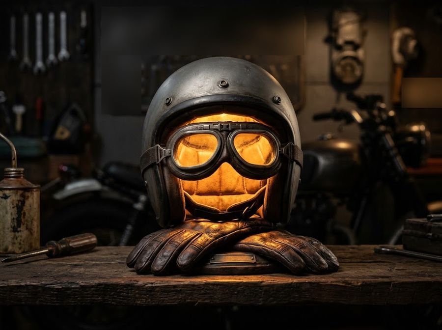 A vintage open-face helmet with goggles on crossed gloves, glowing from inside