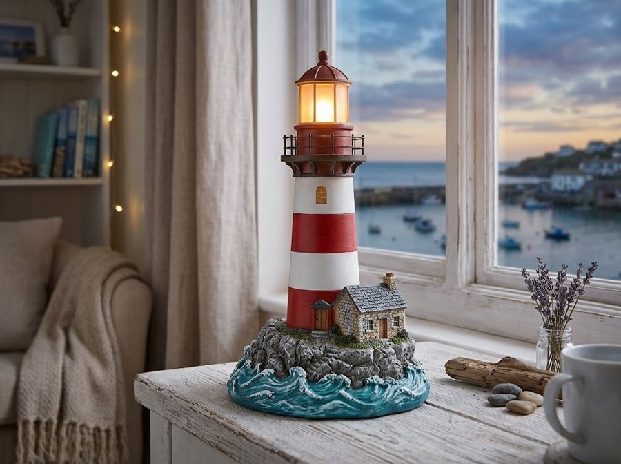 A red and white lighthouse on a rocky island with a cottage, lantern glowing