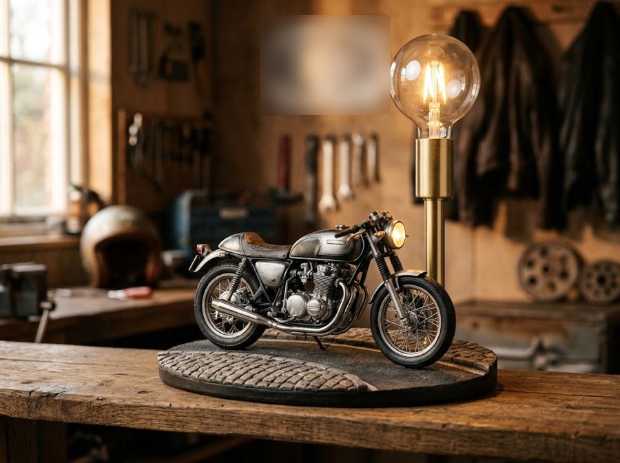 A small vintage cafe racer motorbike on a cobbled road base beside a globe bulb