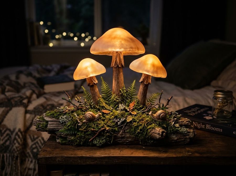 Three woodland mushrooms on a mossy log, caps glowing warm amber