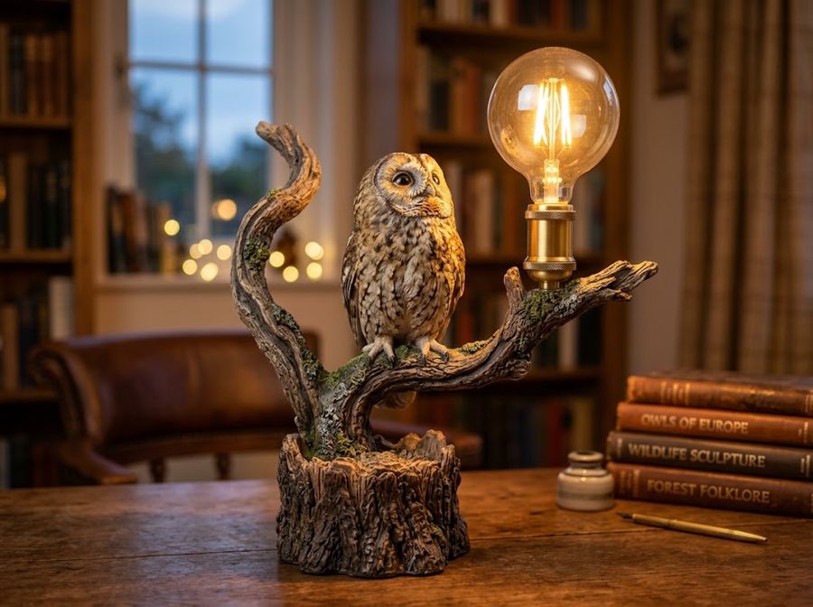 A tawny owl on a gnarled branch holding a bulb holder on a bark stump base