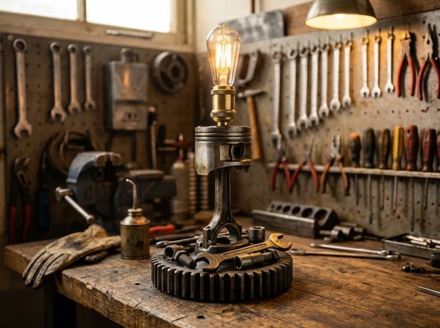 An engine piston and conrod lamp base on a gear wheel with spanners and bolts