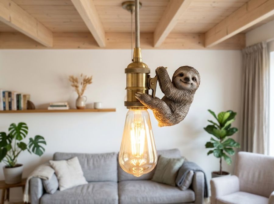 A smiling sloth clipped onto the brass bulb holder of a pendant light