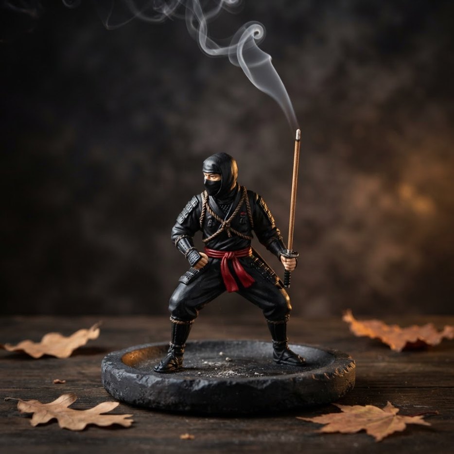 A painted ninja figurine holding a lit incense stick as its sword