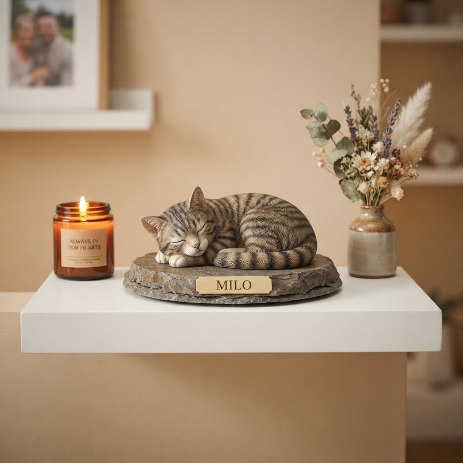 A hand-painted cat memorial figure