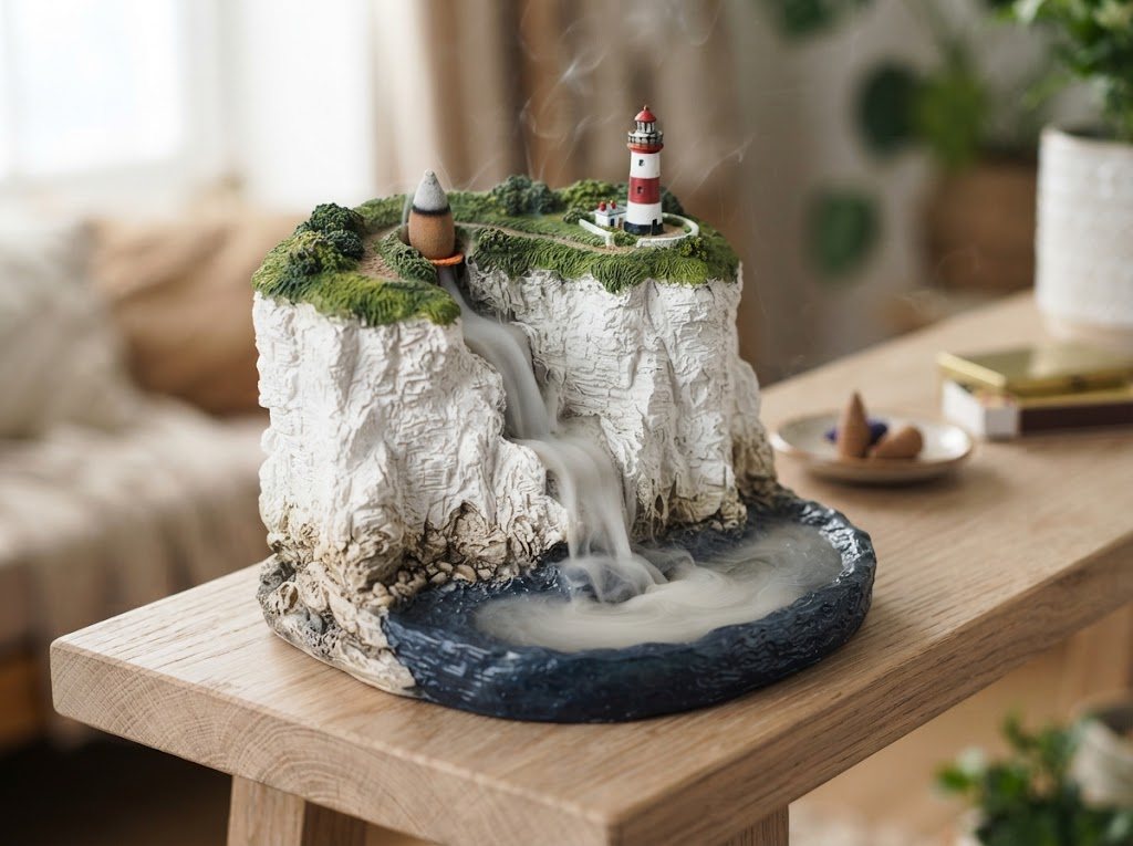 White chalk cliffs smoke fountain with a red and white lighthouse