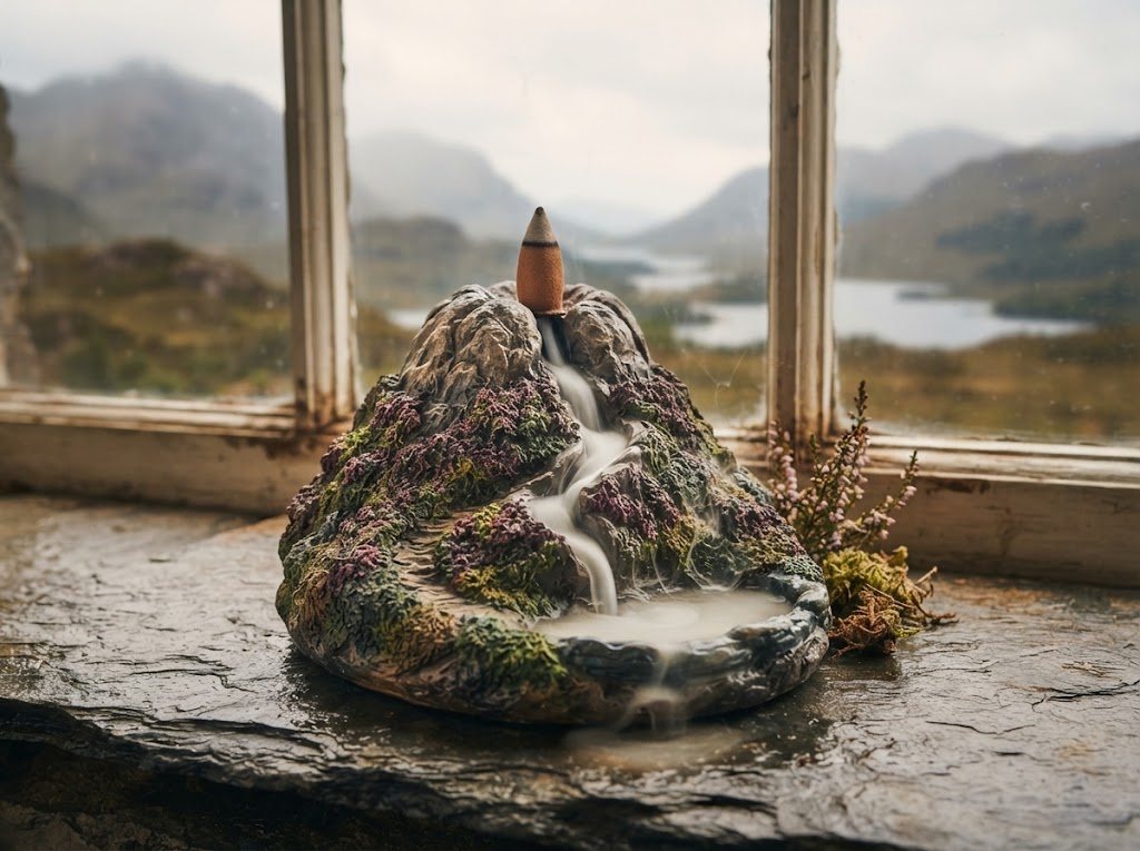 A Scottish Highland mountain smoke fountain with heather slopes