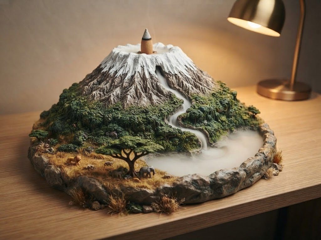 A Mount Kilimanjaro smoke fountain with snow cap, rainforest and savanna