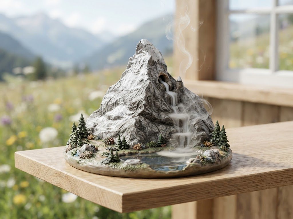 Matterhorn smoke fountain with pine trees and a small lake