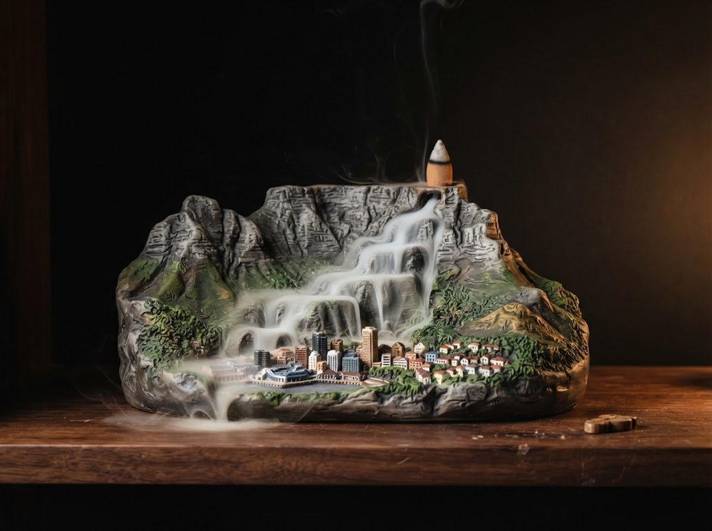 Table Mountain smoke fountain with a tiny city at its foot