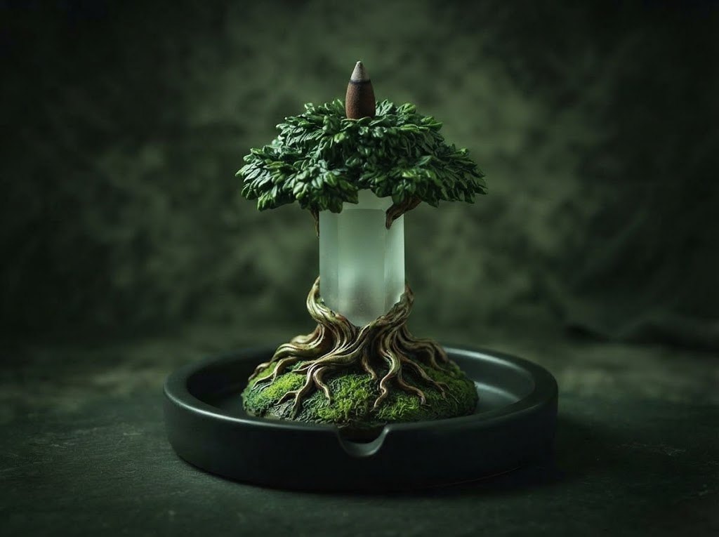 Crystal Tree: a frosted crystal trunk with twisting roots and a leafy canopy in a dark basin