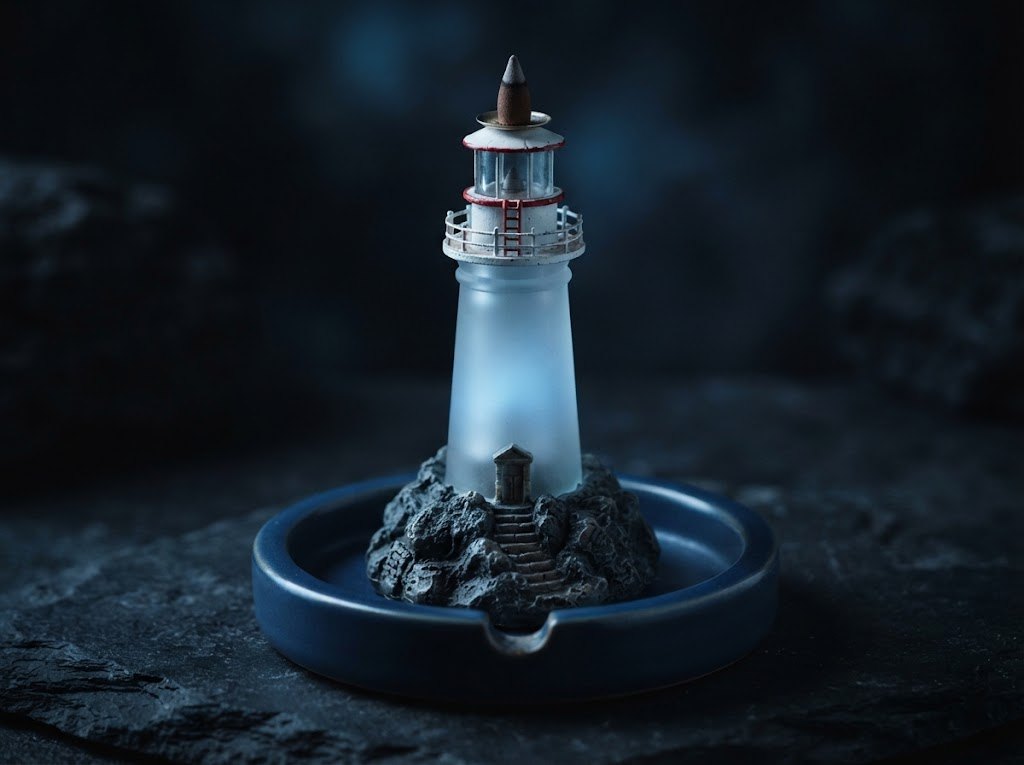 Storm Lighthouse: a frosted glass lighthouse with a red and white lantern room on a rocky reef
