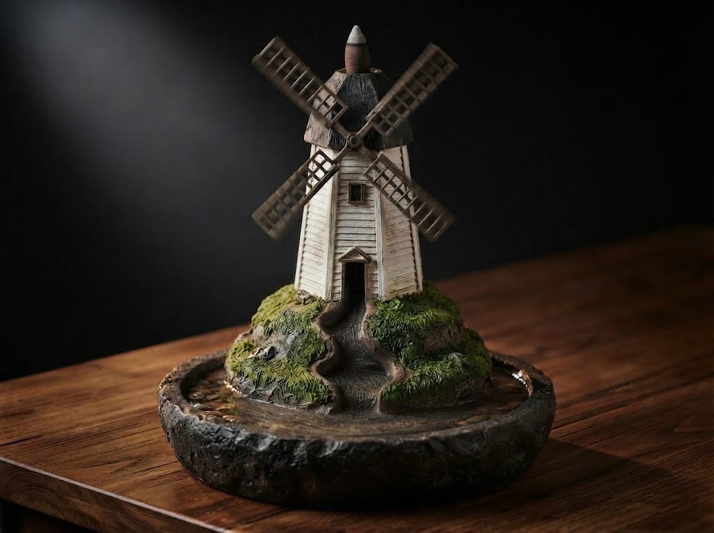 Smoke Mill: a white smock windmill with lattice sails on a grassy hill in a stone pond
