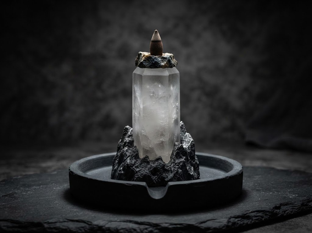 Stormglass Spire: a frosted crystal tower rising from jagged rock in a dark stone basin