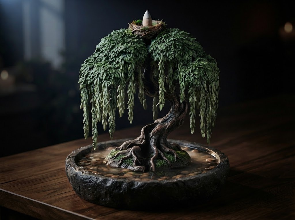 Weeping Willow: a hand-painted willow tree with long hanging fronds and a bird's nest on top, on an island in a stone pond