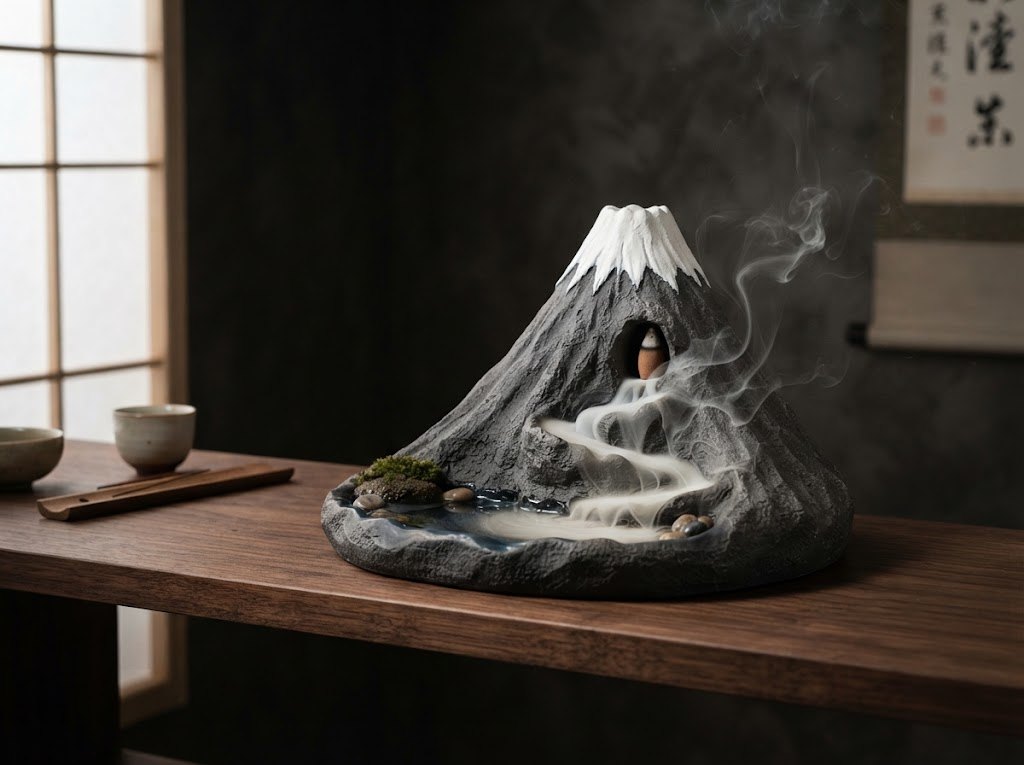 Mount Fuji smoke fountain with smoke pouring into a lake